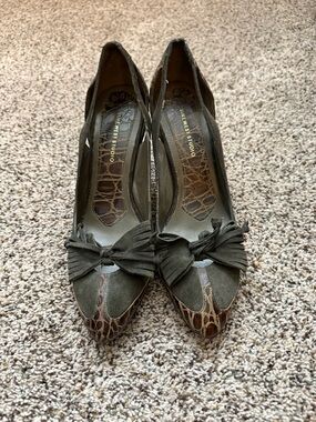 Nine West Studio Olive Green Suede Pointed-Toe Heels with Bow